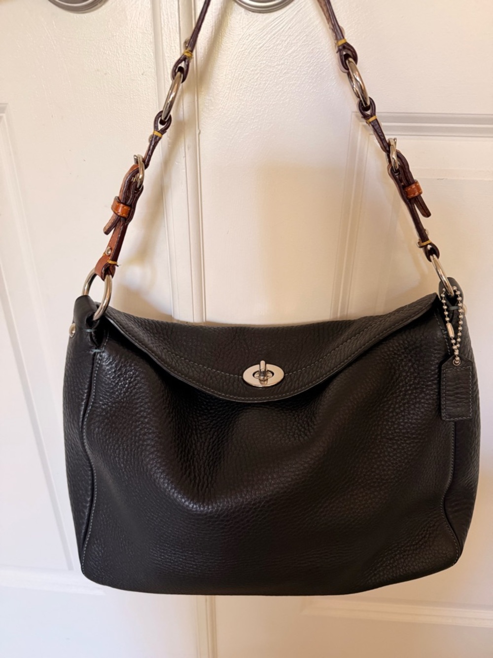 Coach Black Pebbled Leather Shoulder Bag with Brown Strap Accents